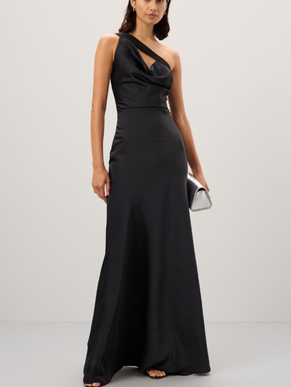 Herve Leger Bias Asymmetrical Gown Black Satin Maxi Dress One Shoulder - Size 4